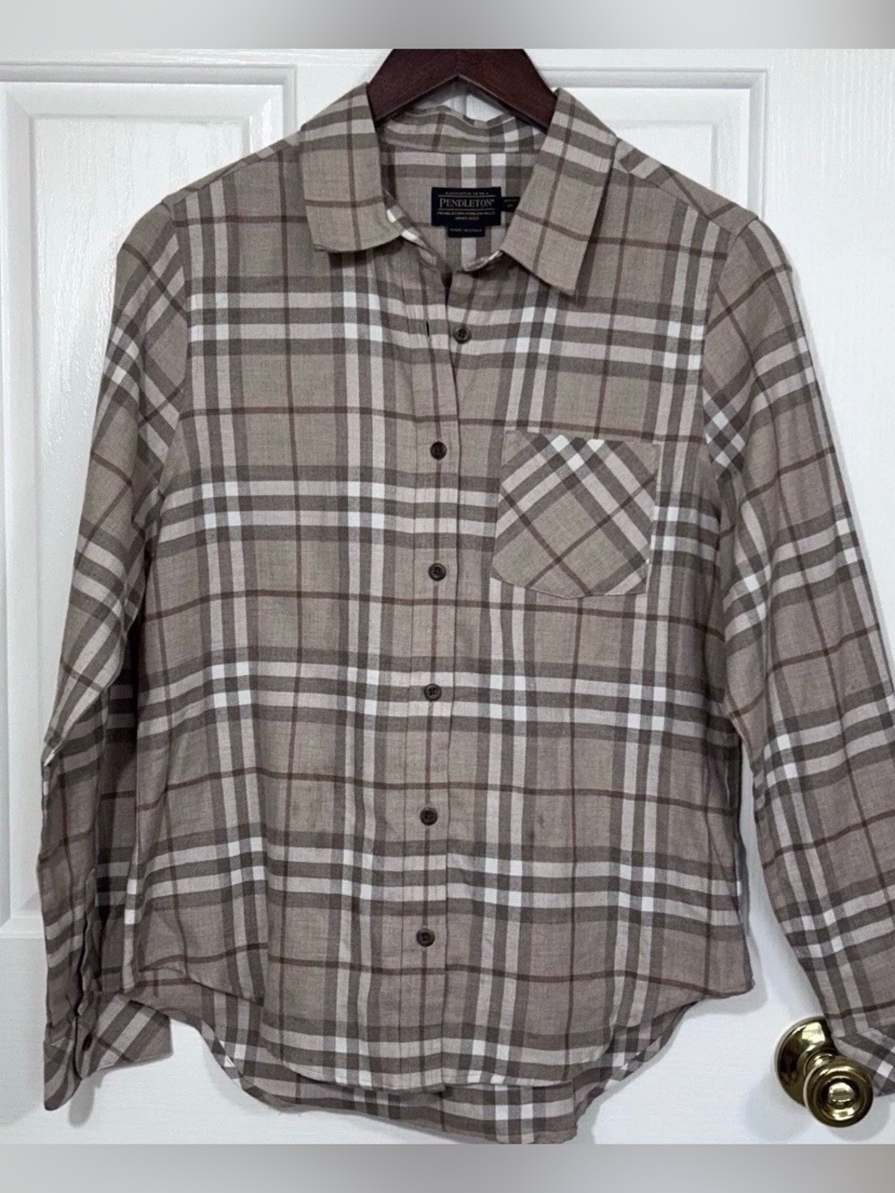 Pendleton Neutral Plaid Flannel Shirt Petite M Brown White Button Front Top NWT